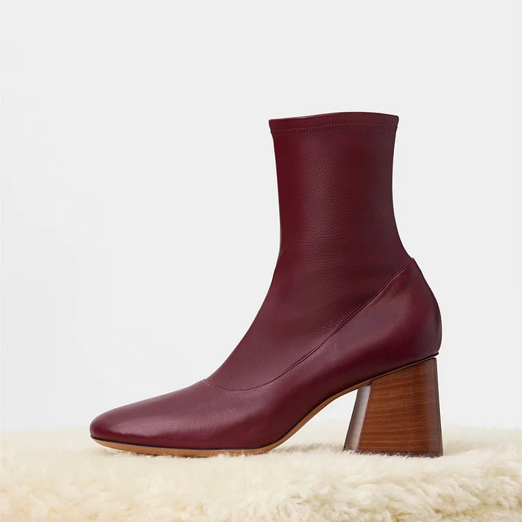 Fashion Maroon Chunky Heel Boots Leather Pointy Toe Ankle Boots Vdcoo