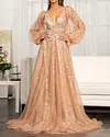 Glittery Sequin Print Puff Sleeve V Neck Gown