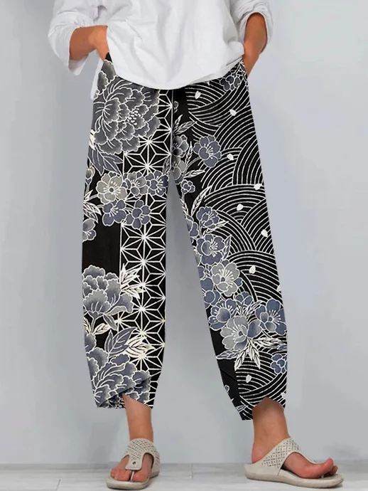 Comstylish Japanese Traditional Pattern Cropped Casual Pants