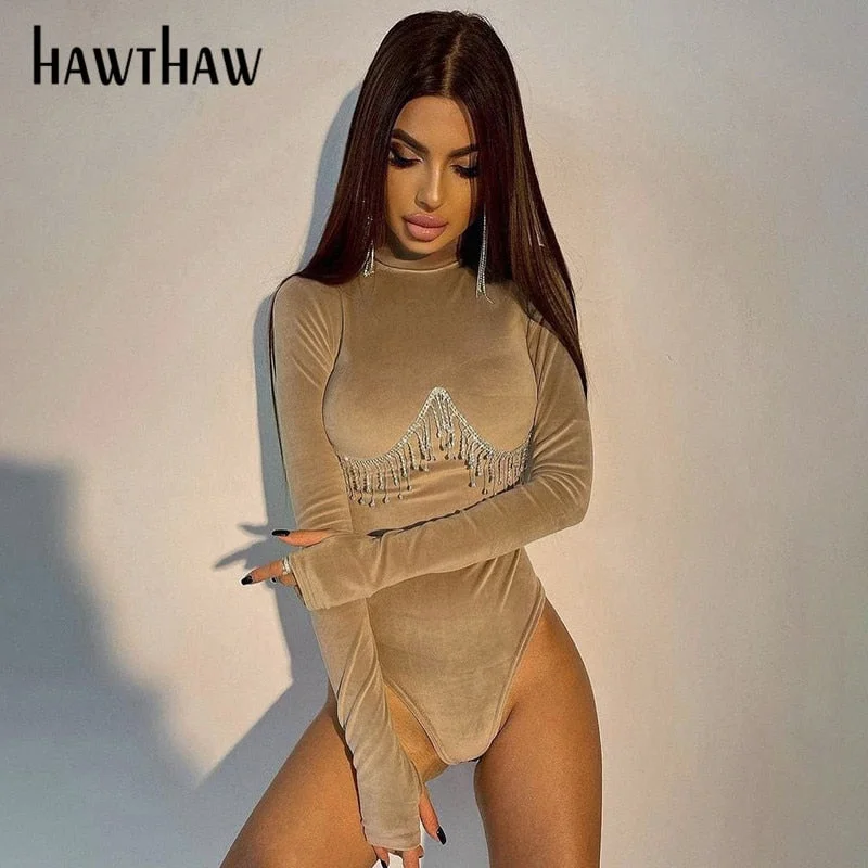 Hawthaw Diamond Tassels Body Women Autumn Winter Long Sleeve Turtleneck Bodycon T Shirt Fashion Tops Bodysuit 2022 Fall Clothes