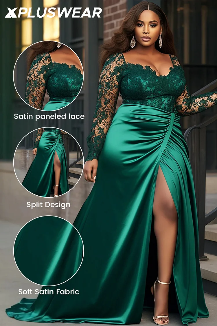 Xpluswear Design Plus Size Formal Emerald Green Square Neck Long Sleeve Split See Through Lace Satin Maxi Dresses [Pre-Order]