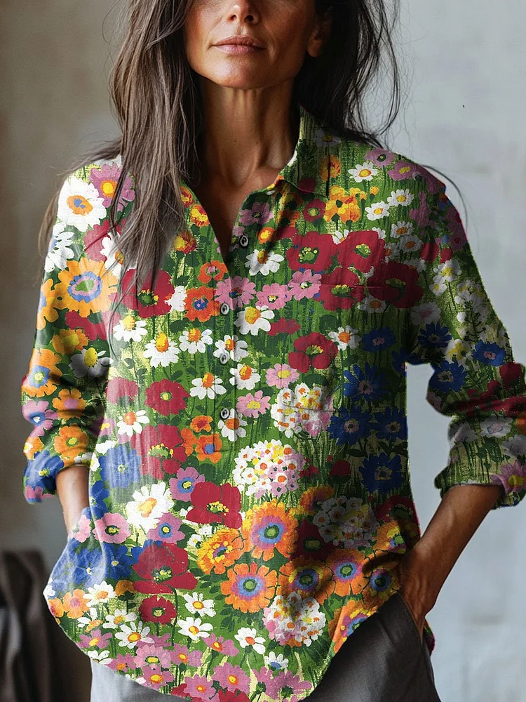 Women's Vintage Lovely Floral Art Print Casual Cotton And Linen Shirt