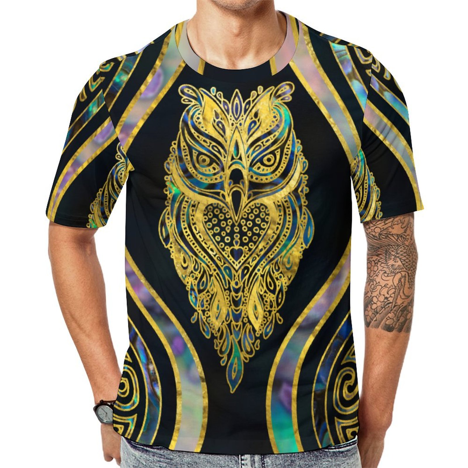 Gold Tribal Owl On Boho Abalone Short Sleeve Print Unisex Tshirt Summer Casual Tees for Men and Women Coolcoshirts