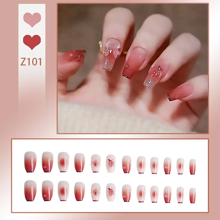 Wear Nail Finished Jelly Light-Changing Peach Butterfly Nail Tip Mid-Length Fake Nails Nail Beauty Nail Patch