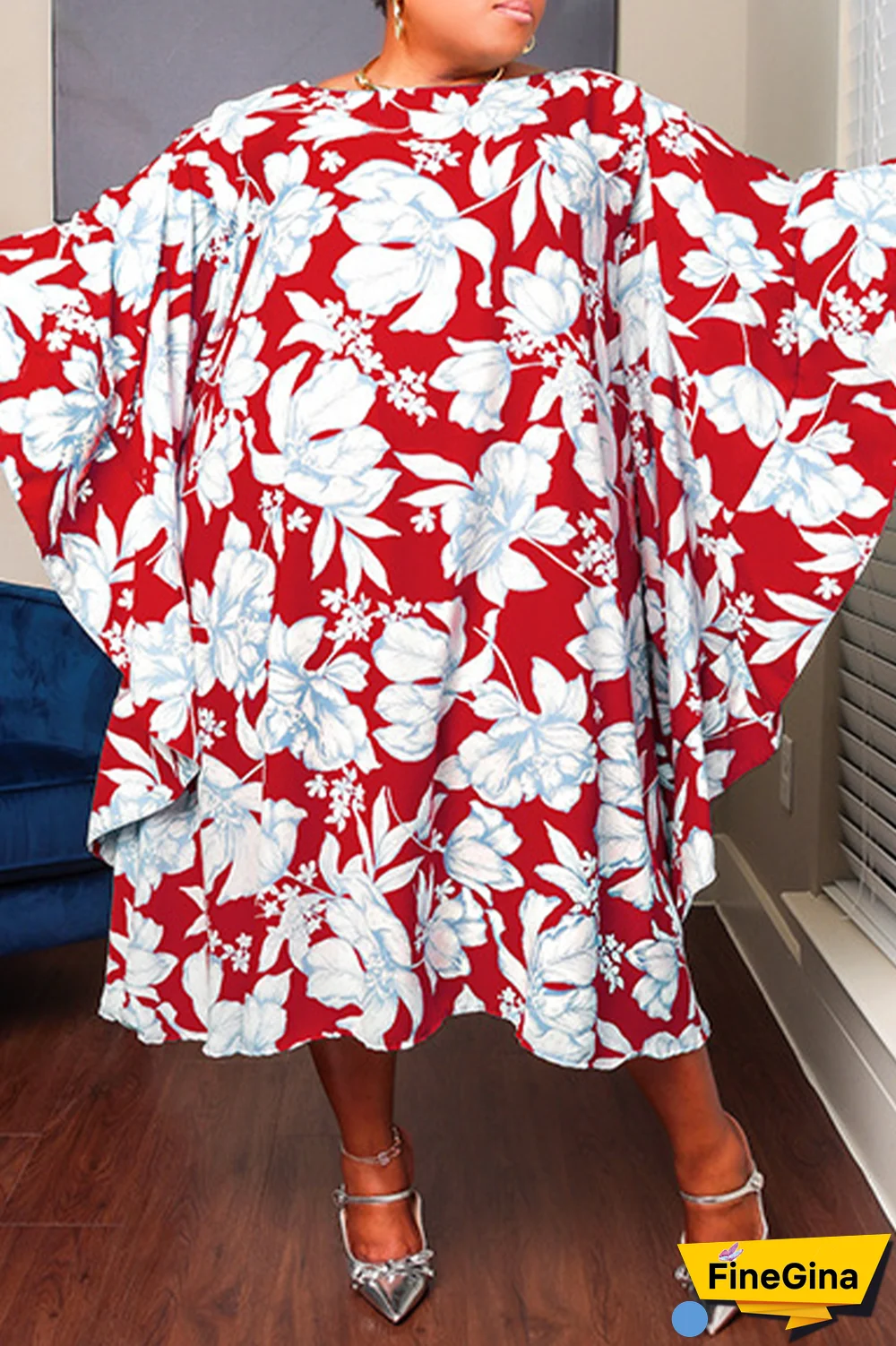 Cyan Casual Sweet Street Floral Patchwork O Neck Irregular Dress Plus Size Dresses