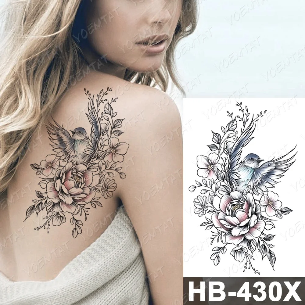 Waterproof Temporary Tattoo Sticker Bird Flower Feather Diamond Gem Flash Tattoos Peony Rose Body Art Arm Fake Tatoo Women Men