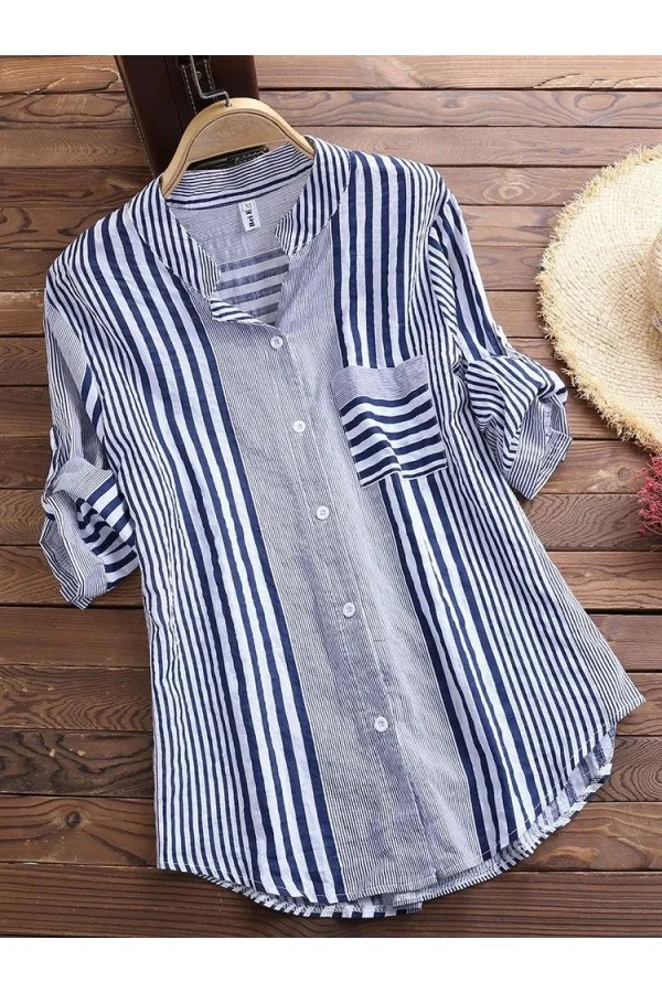 Casual Tops 3/4 Sleeve Stripe Printed Collared Shirts