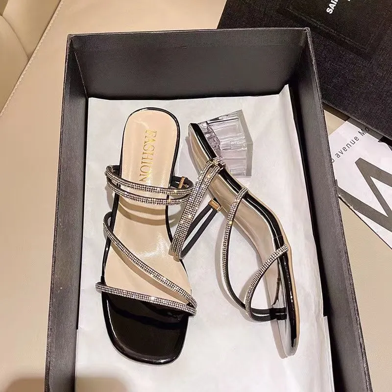 Breakj Breakj Wearing Cold Slippers Women's Summer Wear 2025 New Water Drill Fairy Crystal Coarse Sandals Net Red High Heels