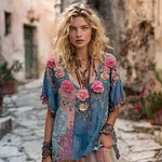 Women's Pink Floral Embroidered Patchwork Art V-neck Linen Blend T-shirt - Image 2