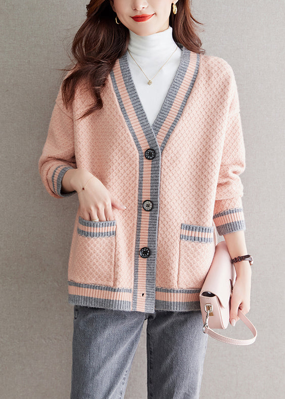 VCSHOES Pink V Neck Button Patchwork Knit Cardigan Fall
