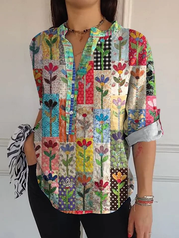 Summer Floral Quilt Pattern Printed Women's Casual Long Sleeve Comfortable Cotton Shirt