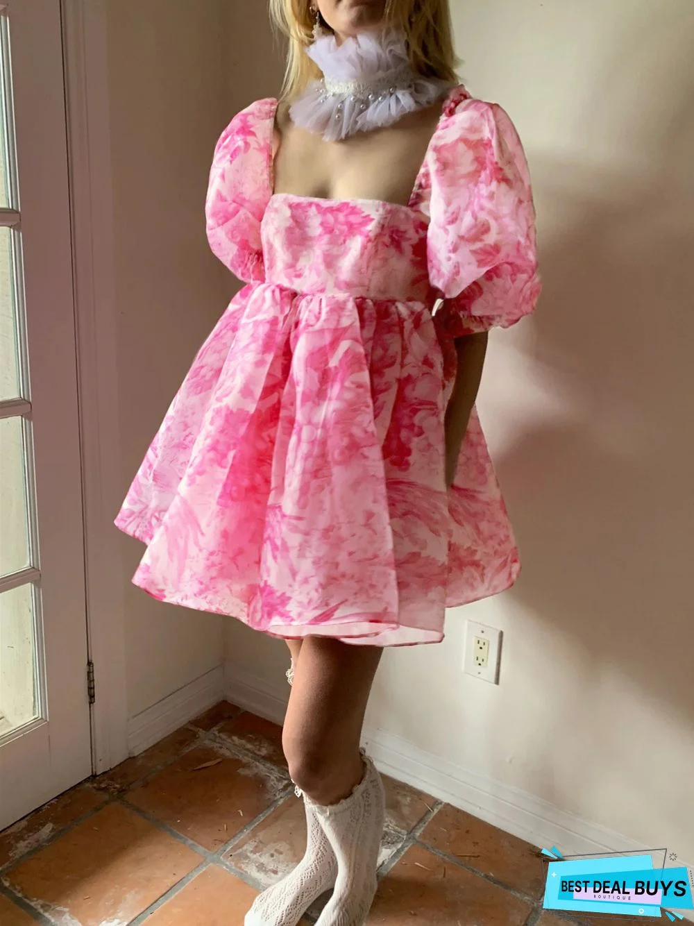 Printed Square Neck Lantern Short Sleeve Women's Dress Backless Fluffy French Princess Dress