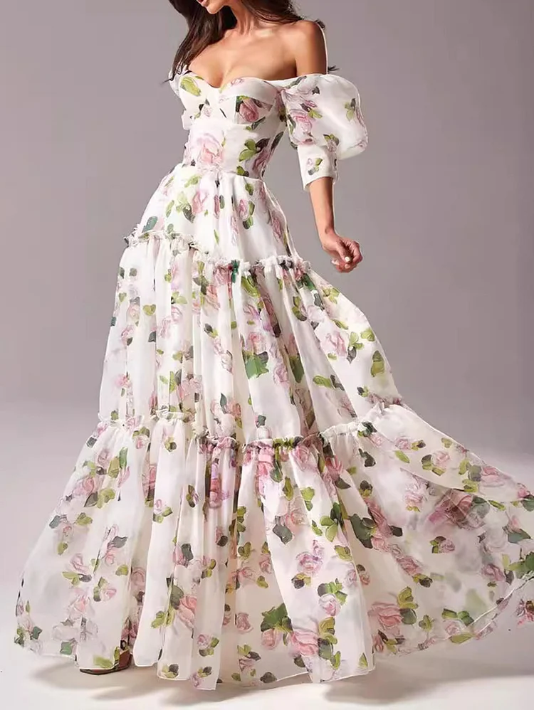 Off The Shoulder Floral Pattern Organza Puff Sleeve Maxi Dress