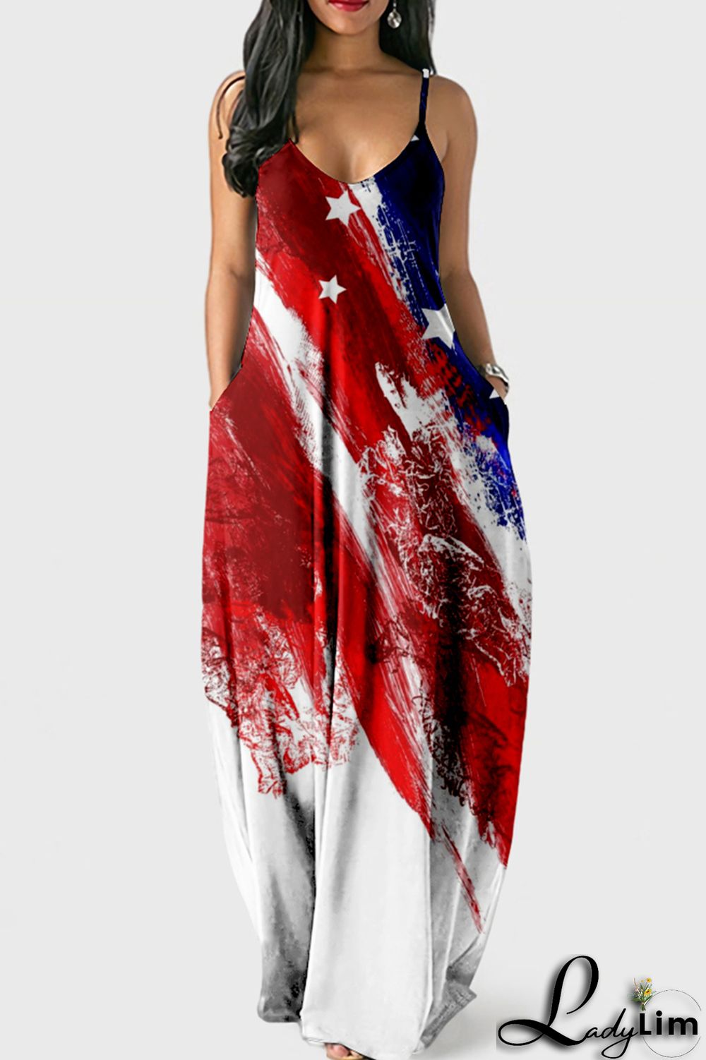 White Blue Fashion Sexy Print Backless Spaghetti Strap Long Dress