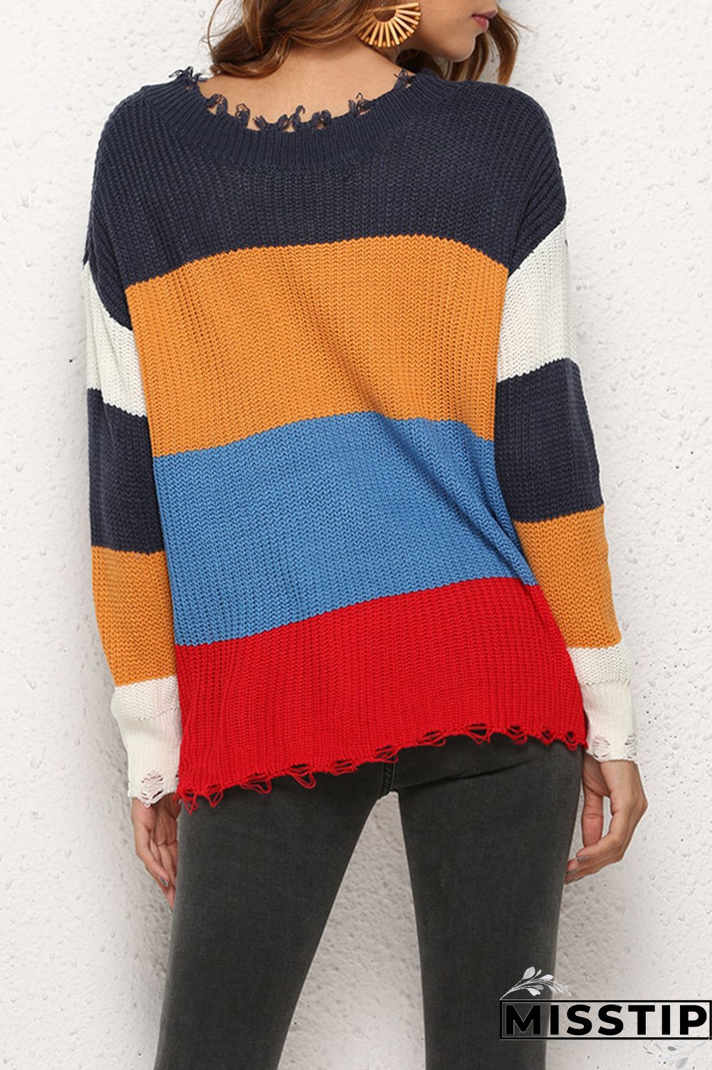 Pink Casual Color-lump Patchwork Knitting Sweaters