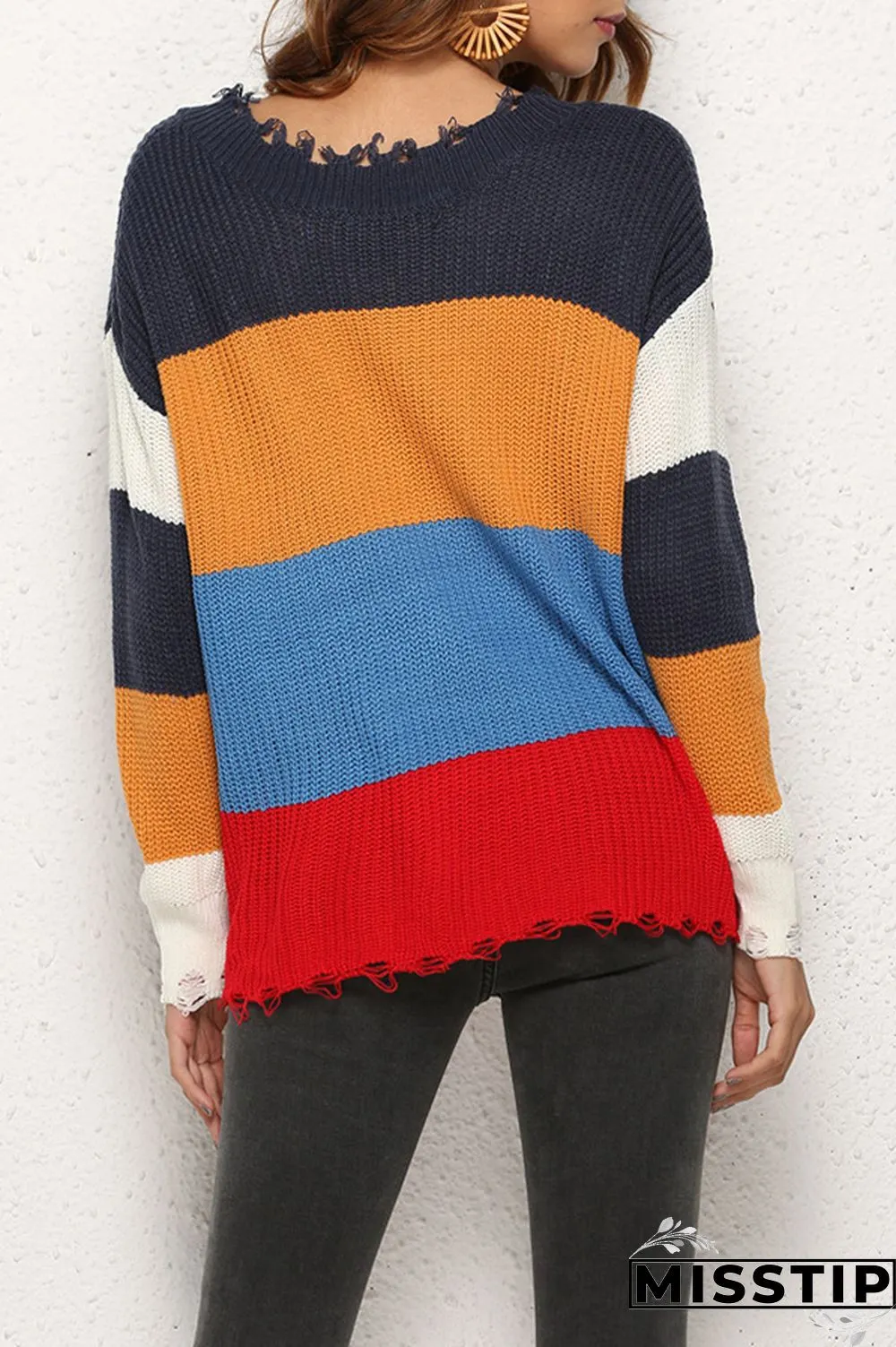 Pink Casual Color-lump Patchwork Knitting Sweaters