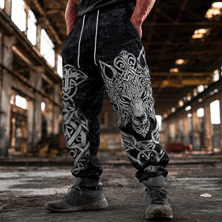Men's Black And White Gradient Wolf Head Design Sweatpants