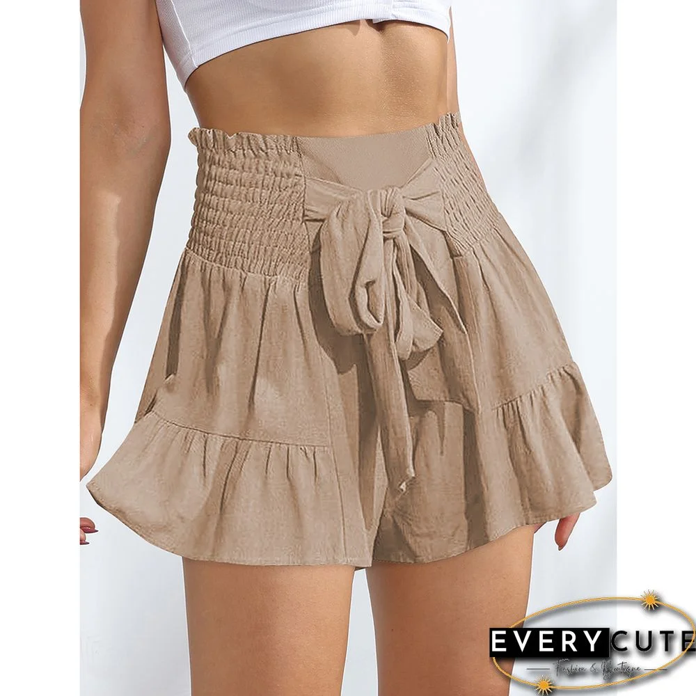 Khaki Ruffle Hem Tie Waist Wide Leg Culotte