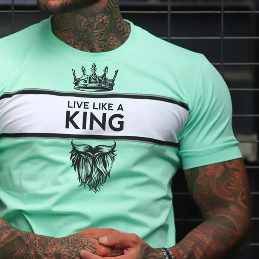 Men's Fashion Live Like A King Print Color Matching Casual Slim Fit Short Sleeve T-Shirt