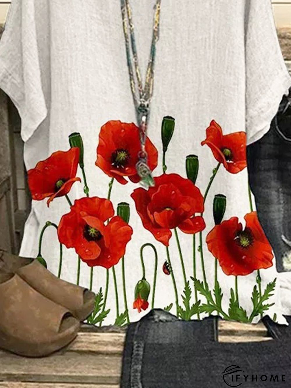 Casual Floral Loosen Round Neck Short Sleeve Tops | IFYHOME