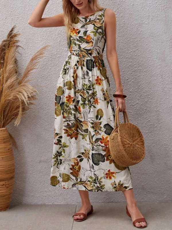 Mature Women Casual Summer New Holiday Skirt Fashion Print Sleeveless Dress