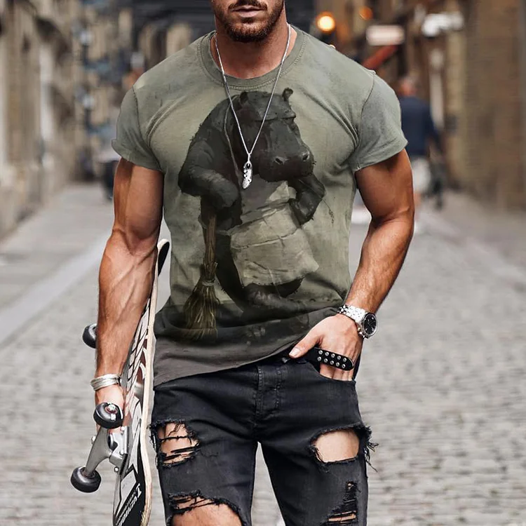 Men's Hippopotamus Print Short Sleeve T Shirt