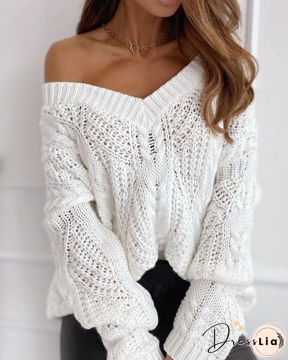 Plain Hollow Out Cable Knit Sweater P13975