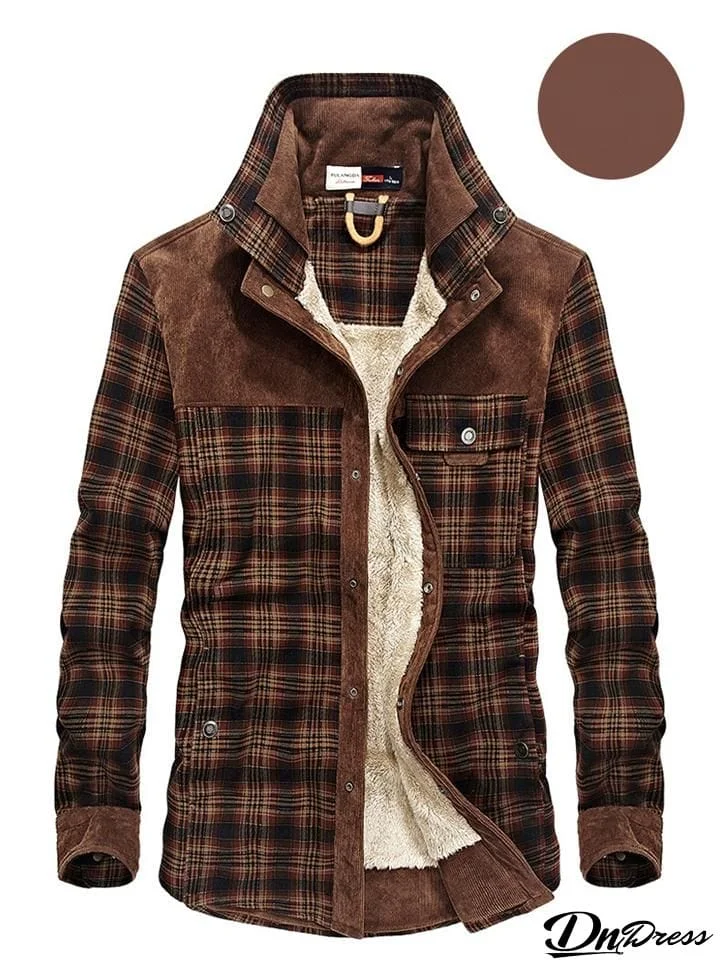 Men's Classic Vintage Plaid Corduroy Stand Collar Button Warm Outerwear Jacket