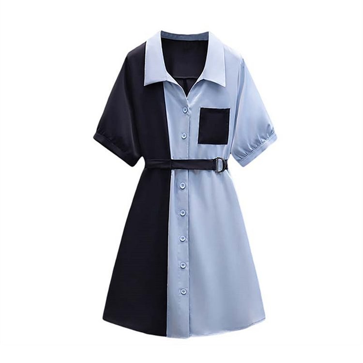 Plus Size Colorblock Lapel Shirt Dress - Modakawa Modakawa