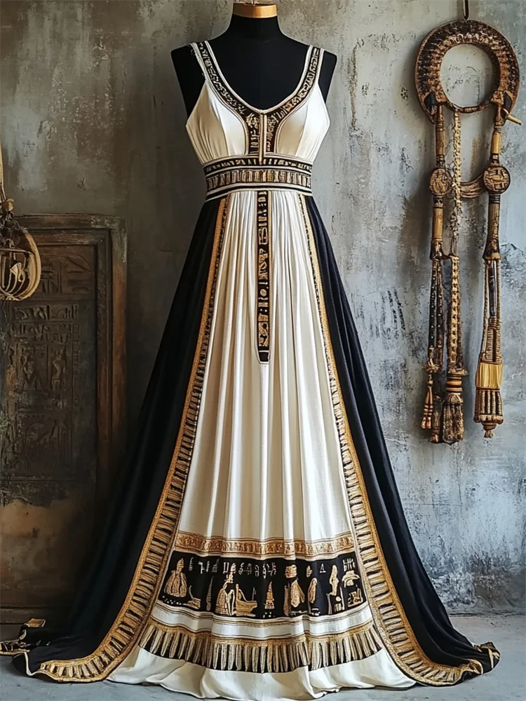 Classy Ancient Egyptian Embroidered Contrast Linen Maxi Dress
