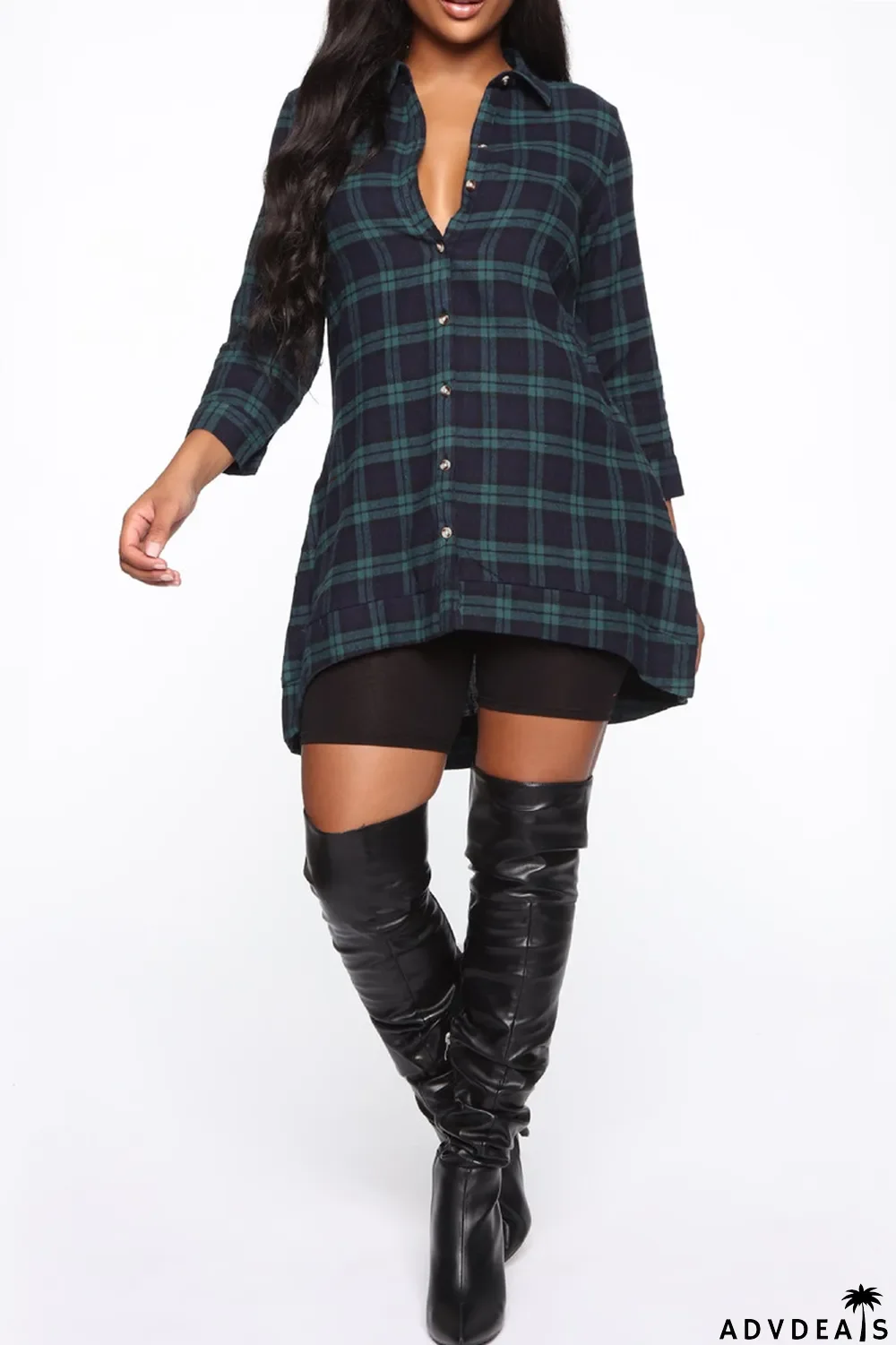 Blue Fashion Casual Plaid Print Asymmetrical Turndown Collar Tops