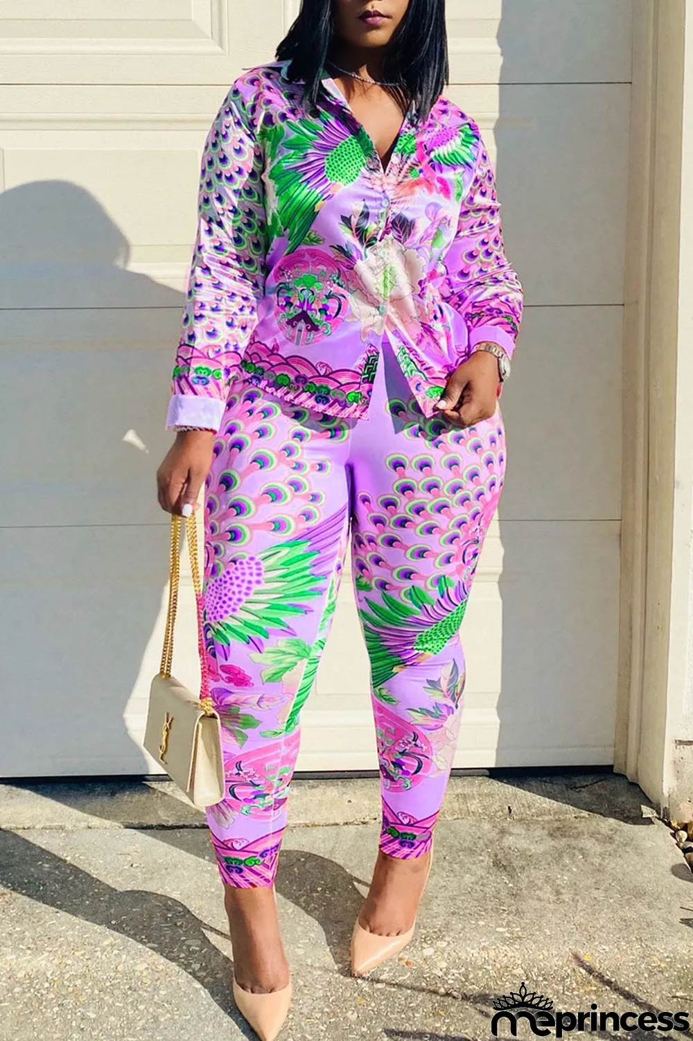 Purple Casual Print Split Joint Buckle Turndown Collar Long Sleeve Two Pieces(Without Belt)