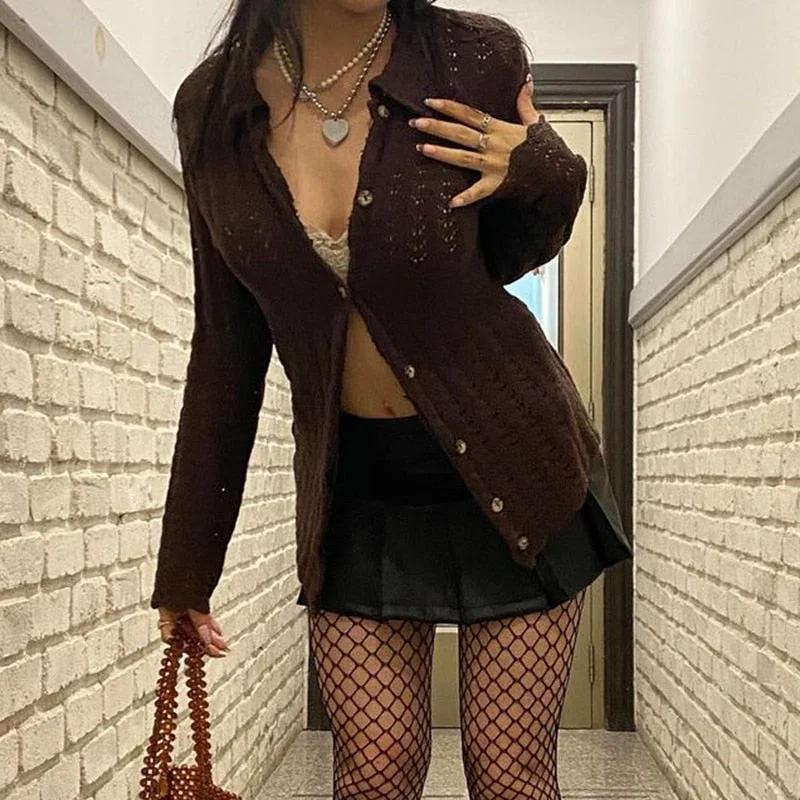 Vintage Brown Knitted y2k Sweaters Button Full Sleeve Outerwear Retro Grunge Fairycore Turn Down Collar Jumpers Kawaii Women