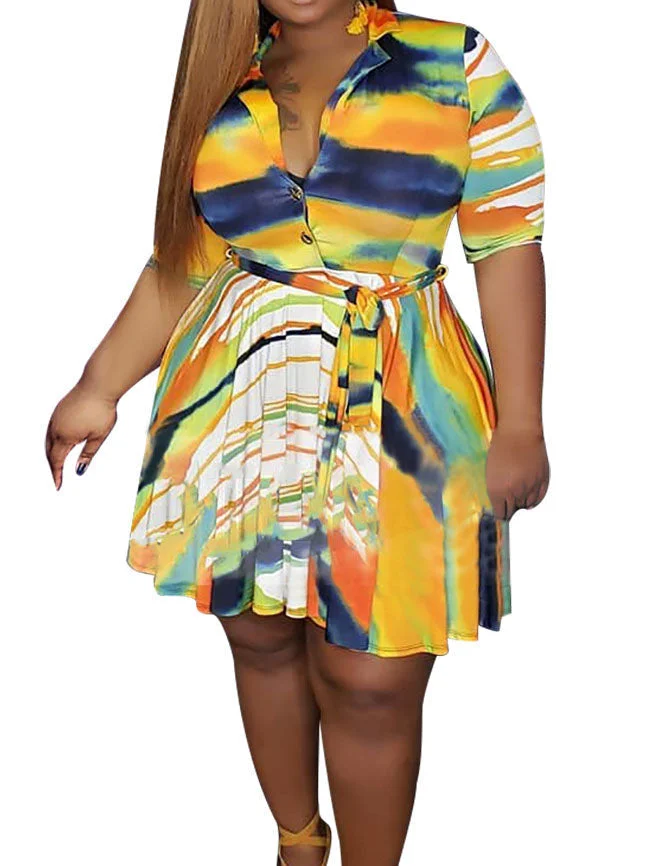 Plus Size Casual Printed Stitching Turndown Collar Sash Belt Pleated Mini Dresses