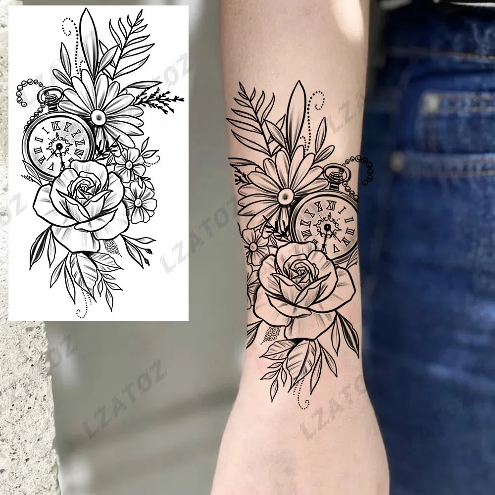 Sdrawing Rose Flower Temporary Tattoos For Woman Adults Realistic Compass Cross Fake Tatoos Sexy Waterproof Hand Tattoo Sticker