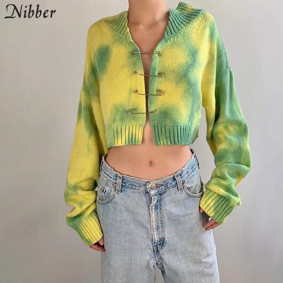 NIbber Sexy club tie-dye hollow out loose crop sweaters women 2020 autumn  fashion Casual long sleeve breastpin button knitwear