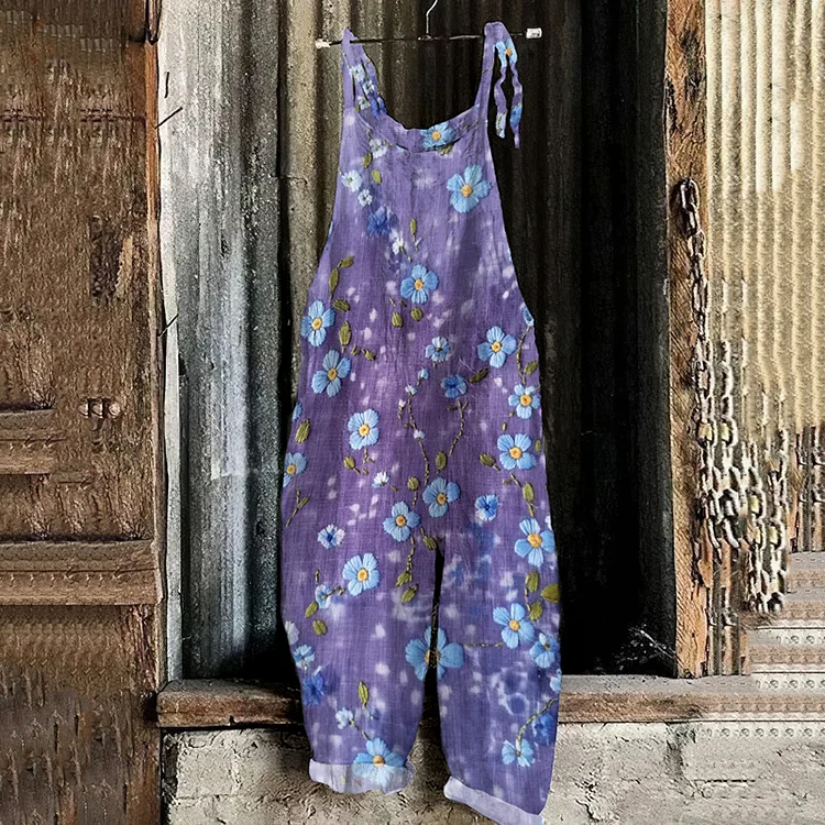 Utbros Women's Bohemian Style Lavender Floral Linen Print Cotton Linen Jumpsuit