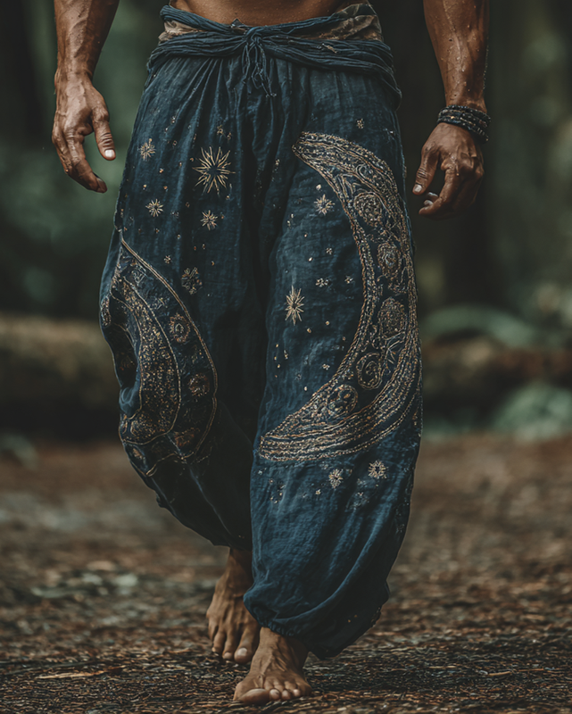 Men's casual star and moon 3D embroidered linen trousers 5019