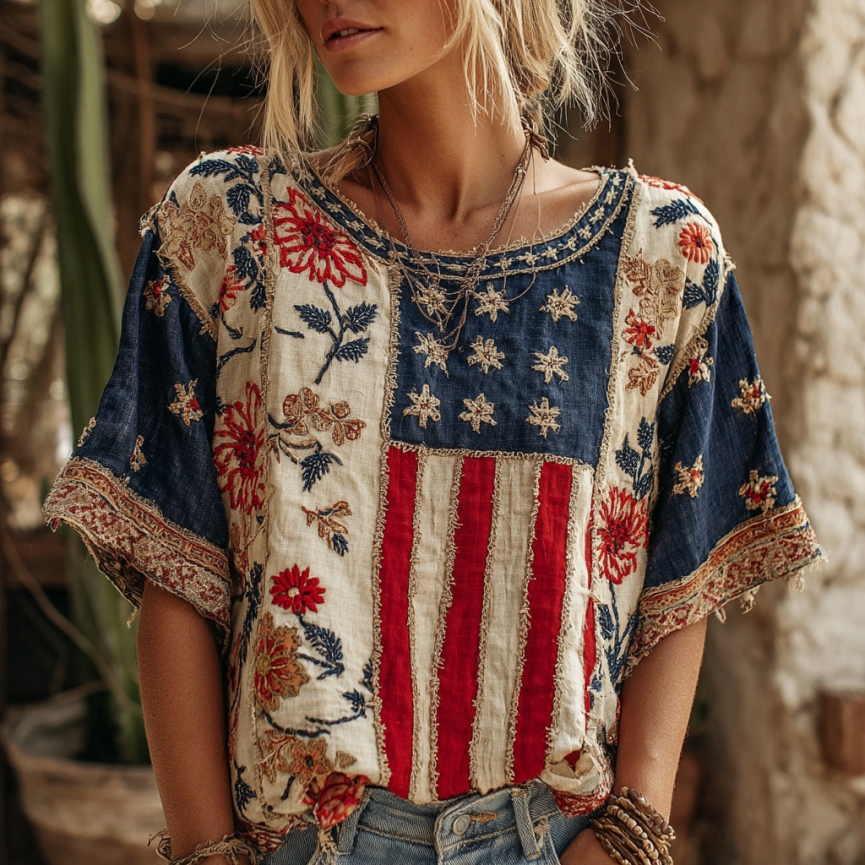  Women's Vintage Independence Day Flag Flower Art Crew Neck Linen Blend T-shirt Westsshops