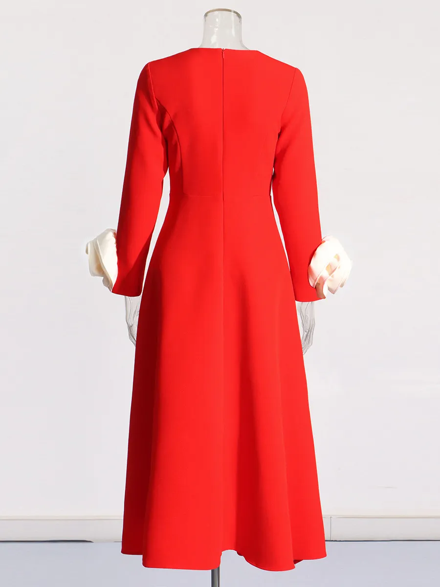 Brownm Spring 2025 New Fashion Temperament Round Collar Three-Dimensional Rose Splicing Design Long Sleeve Slim Slimming Dress