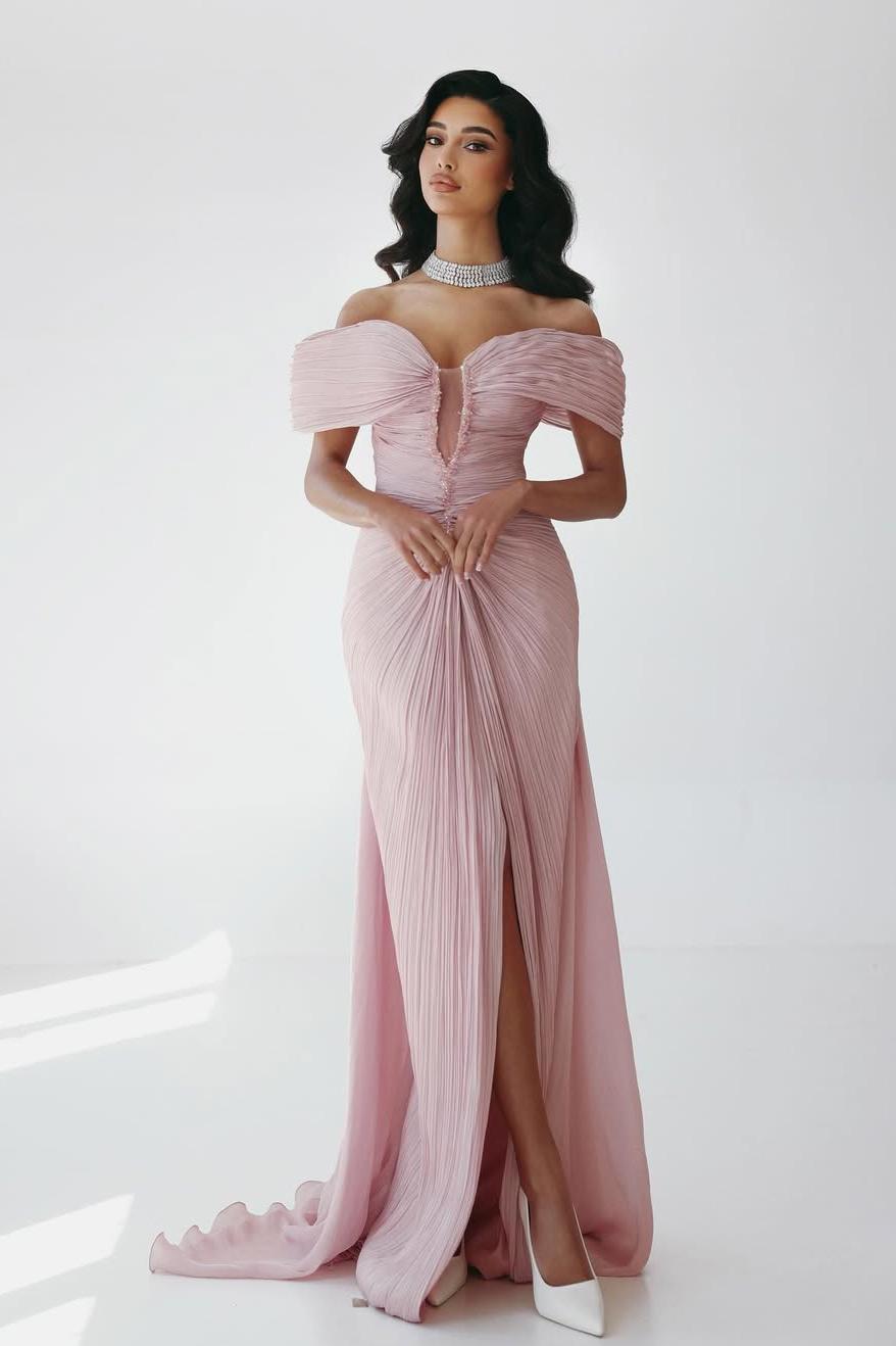 Oknass Off the Shoulder Sleeveless Long Mermaid Prom Dress With Ruffles Pleated 
