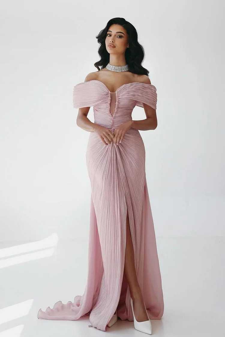Off the Shoulder Sleeveless Long Mermaid Prom Dress With Ruffles Pleated XJ0594