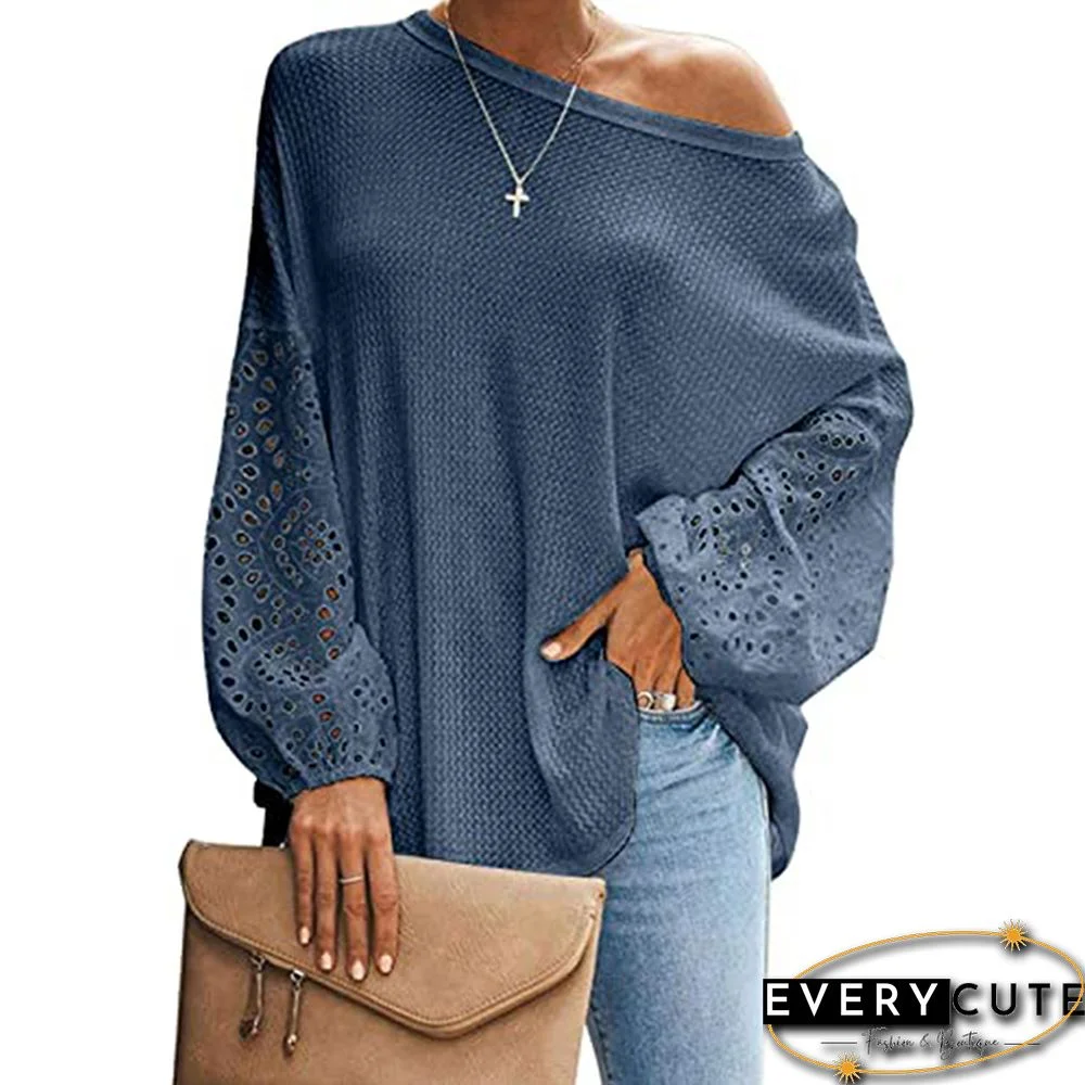 Navy Blue Cotton Blend Loose Puffy Long Sleeve Top