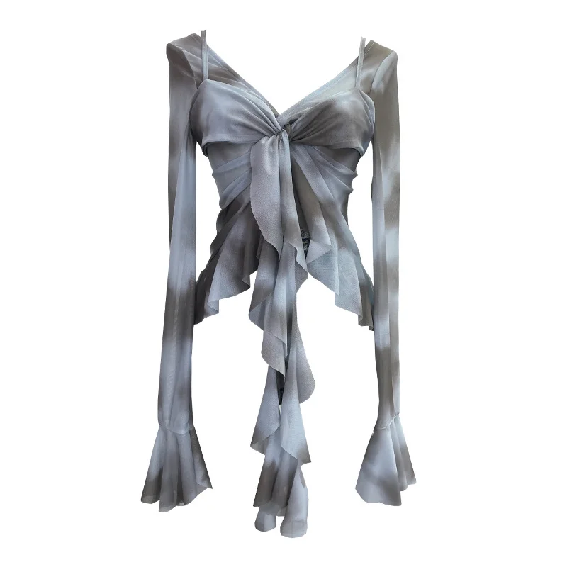 Uveng Irregular Kinking Of The Net Yarn Irregularly Kinked Lotus Lobe Slings Shoulder Horn Sleeve T-Shirt Short Top 2618