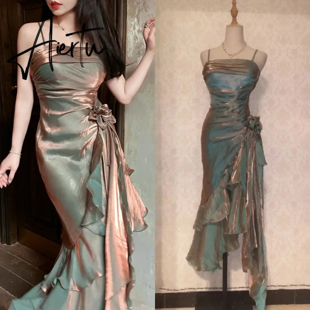 Aiertu Vintage Elegant Ice-colored British Retro Waist Strap Three-dimensional Flowers Irregular Ruffle Stitching Evening Dress Aiertu
