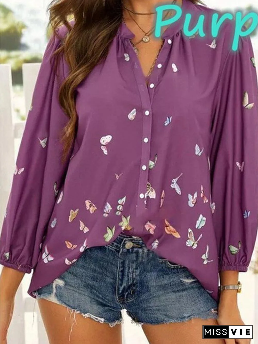Women Casual Long Sleeve Shirt Collar Floral Printed Tops