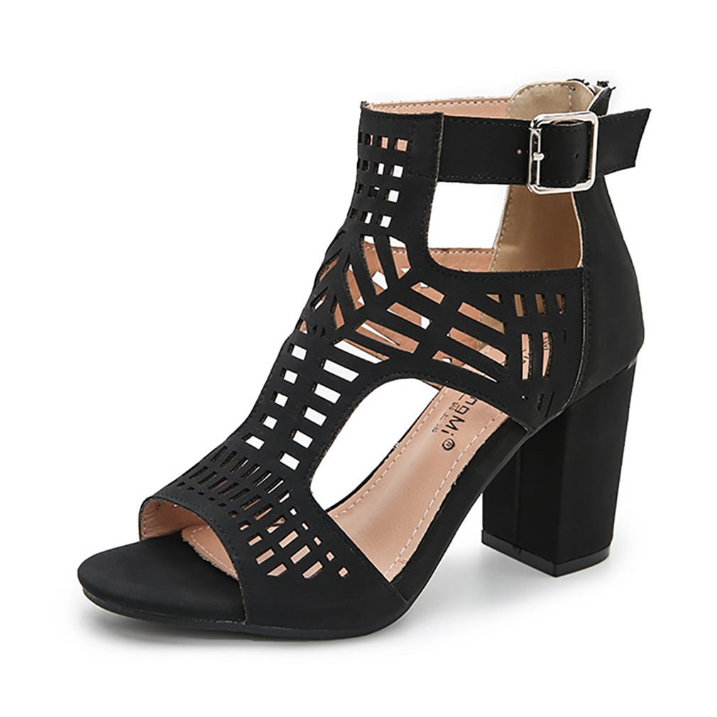 Women's Hollow-Carved Chunky High Heel Dress Sandals