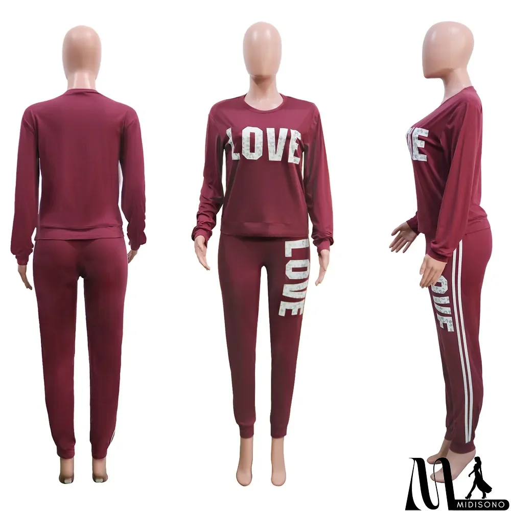 MidiSono - Plus Size Letter Print Long Sleeve 2 Piece Sets