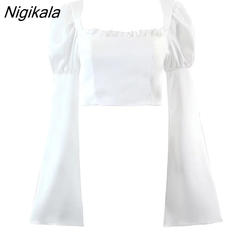 Nigikala Sexy Women Fashion Slits Flare Sleeve Blouse Elegant Square Neck Female Summer Crop Top