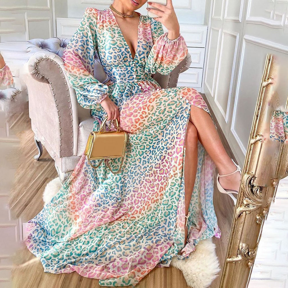 Fashion Print V Neck Long Sleeve High Waist Loose Casual Maxi Dress